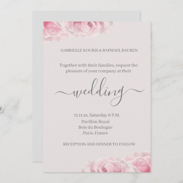 Invitation Fleur rose rose pâle gris brillant Mariage floral  (Devant / Derrière)