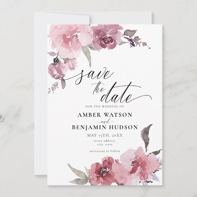 Invitation Fleur Rose Rose Rose Dusty Enregistrer La Date (Devant)
