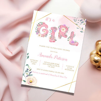 Invitation Fleur rose son baby shower d'aquarelle A girl