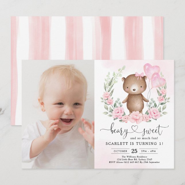 Invitation Fleur rose Teddy Bear Girl 1er anniversaire fête (Devant / Derrière)