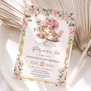 Invitation Fleur rose vintage après-midi Tea Party Anniversai