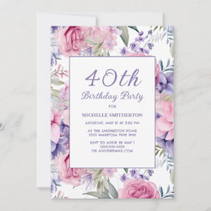 Invitation Fleur rose violet élégante 40e anniversaire