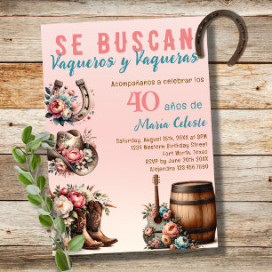 Invitation Fleur rose western espagnol cow-boy 40e anniversai