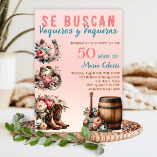Invitation Fleur rose western espagnol cow-boy 50e anniversai