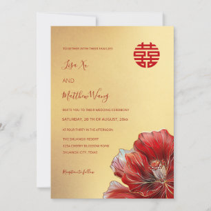 Invitation Fleur rouge bilingue   Mariage chinois