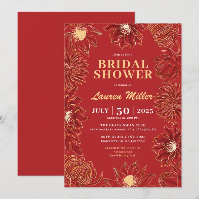 Invitation Fleur rouge Lotus Mariage floral oriental (Devant / Derrière)