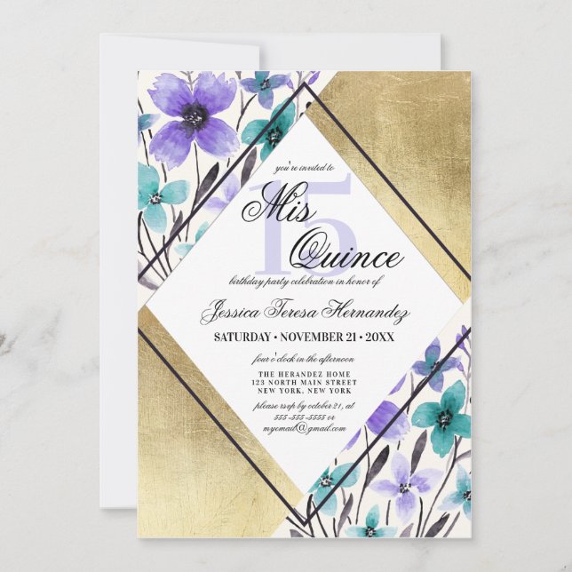 Invitation Fleur sarcelle et pourpre dorée Aquarelle Mis Quin (Devant)