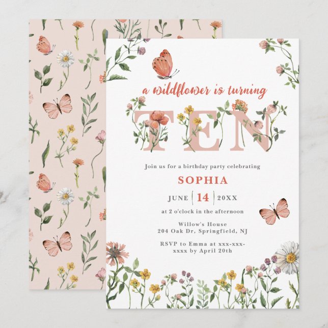 Invitation Fleur sauvage aquarelle 10e anniversaire (Devant / Derrière)