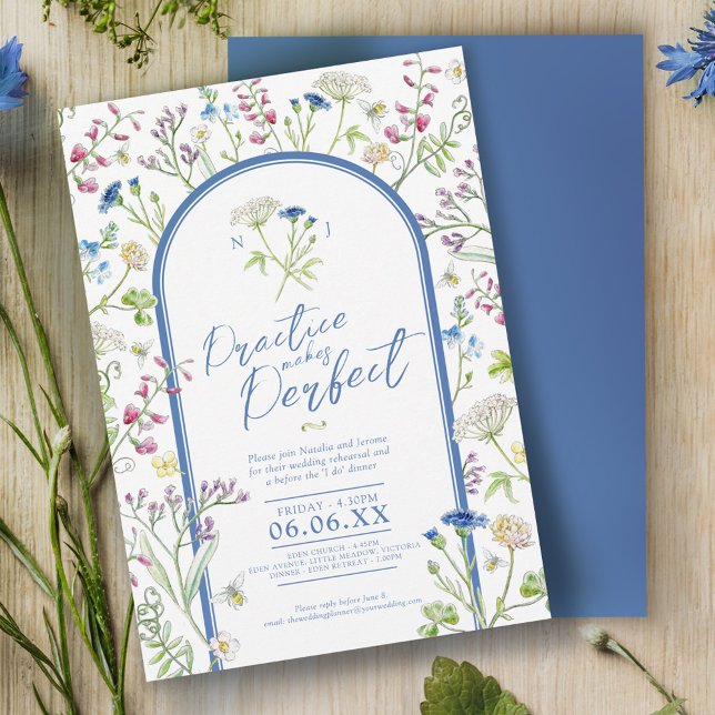 Invitation Fleur sauvage aquarelle bleu mariage répétition (Créateur téléchargé)