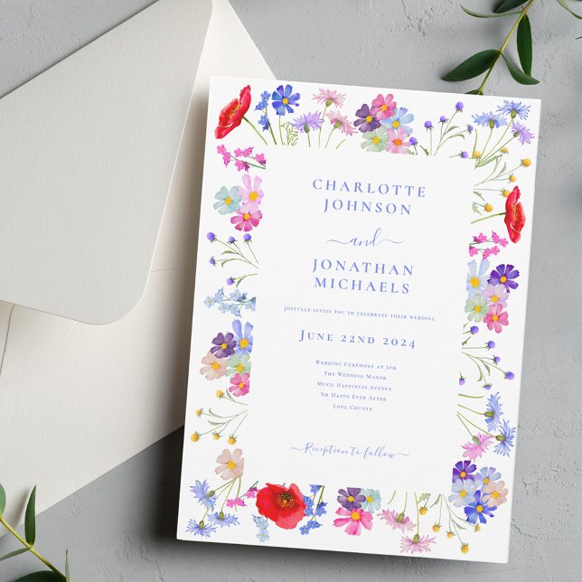 Invitation Fleur sauvage Aquarelle Boho Blue Mariage (Colorful wildflower wedding invitation with watercolor summer florals and blue typography )
