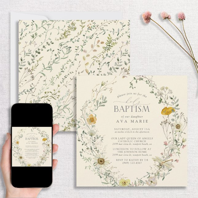 Invitation Fleur Sauvage Aquarelle Été Automne Baptême (Créateur téléchargé)