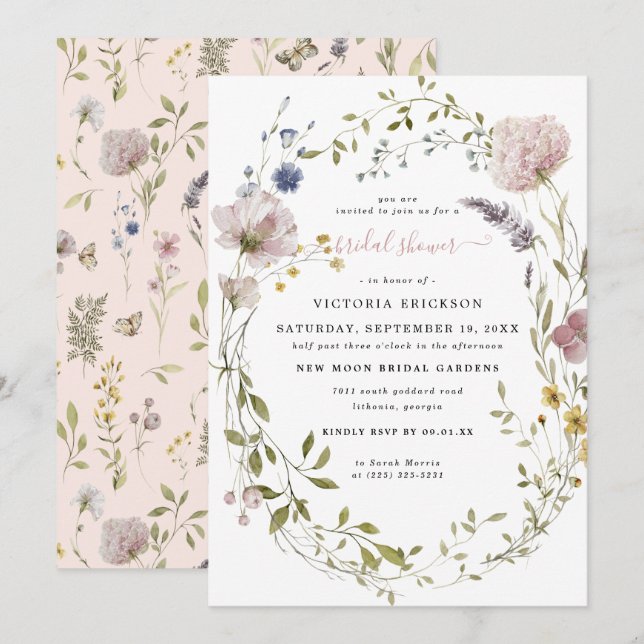 Invitation Fleur sauvage aquarelle | Fête des mariées florale (Devant / Derrière)