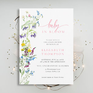 Invitation Fleur sauvage Aquarelle Fleur rose Baby shower fil