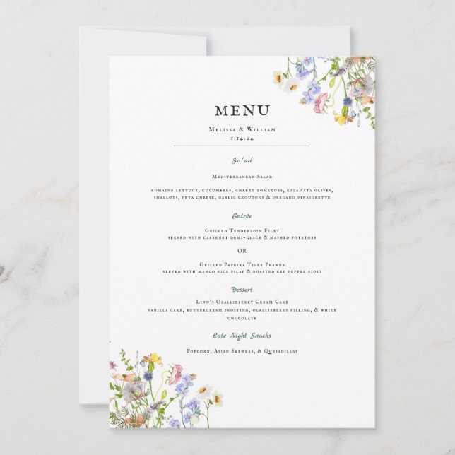 Invitation Fleur sauvage aquarelle | Menu Mariage floral (Devant)