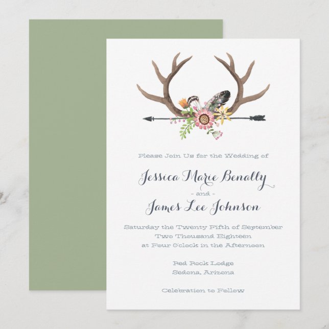 Invitation Fleur sauvage Arrow et Mariage Antlers (Devant / Derrière)