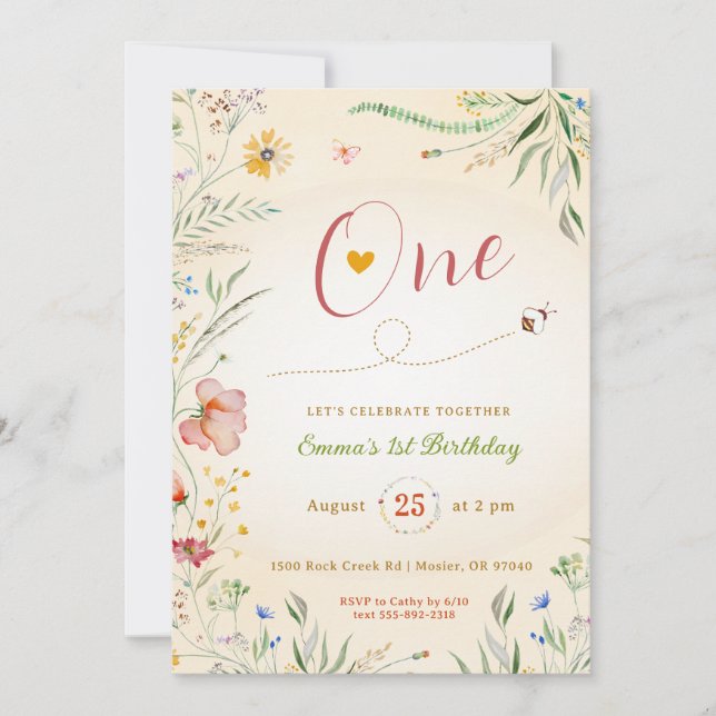 Invitation Fleur sauvage Baby Girl 1er premier anniversaire d (Devant)