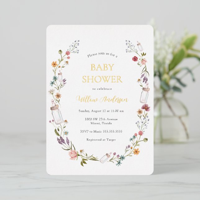 Invitation fleur sauvage Baby shower Foil (Debout devant)