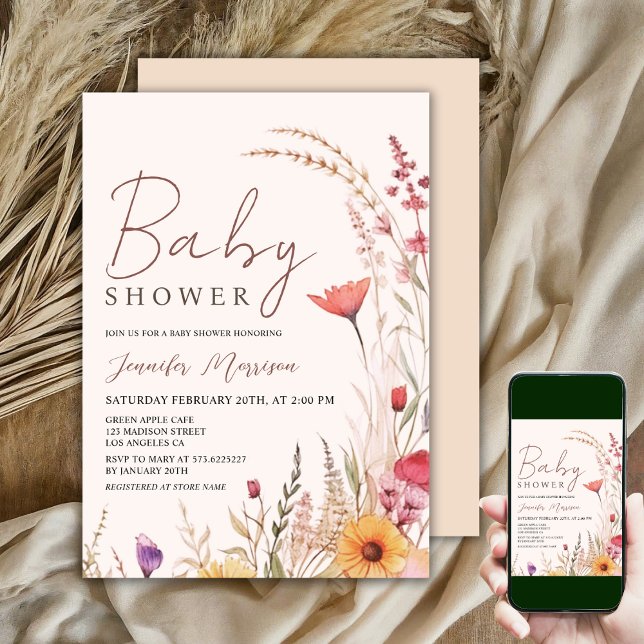 Invitation Fleur sauvage Baby shower Genre Neutre Boho (Créateur téléchargé)