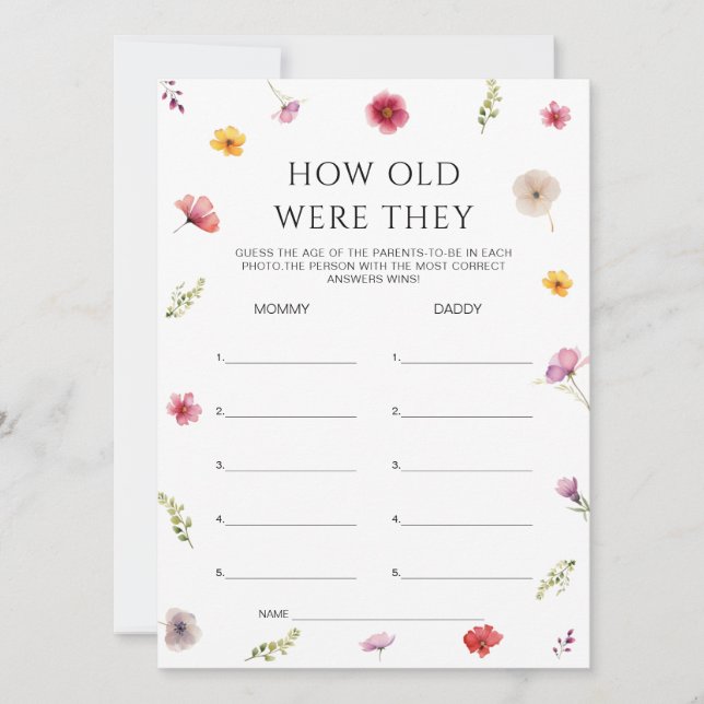 Invitation Fleur sauvage Baby shower Guides Age Game Card (Devant)
