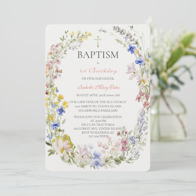 Invitation Fleur sauvage Baptême Boho Girl (Debout devant)