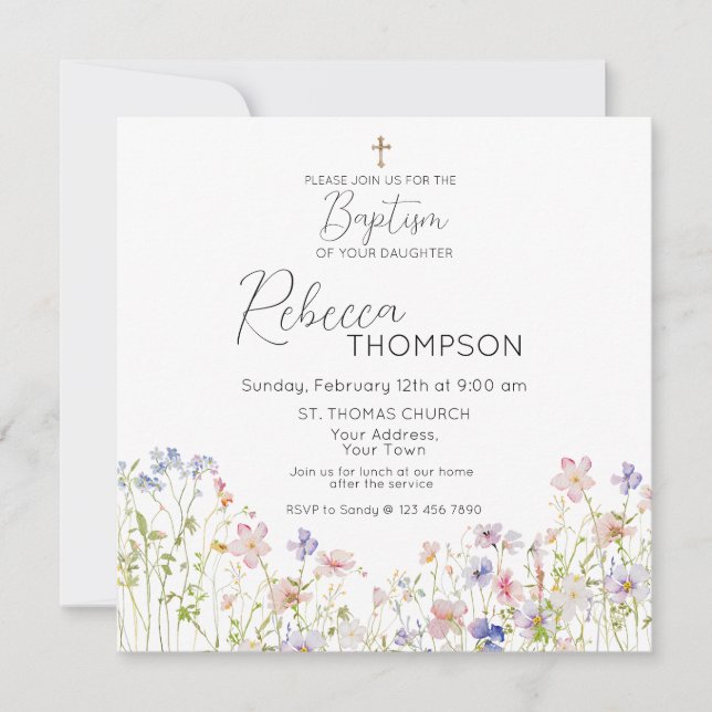 Invitation fleur sauvage Baptême fille (Devant)