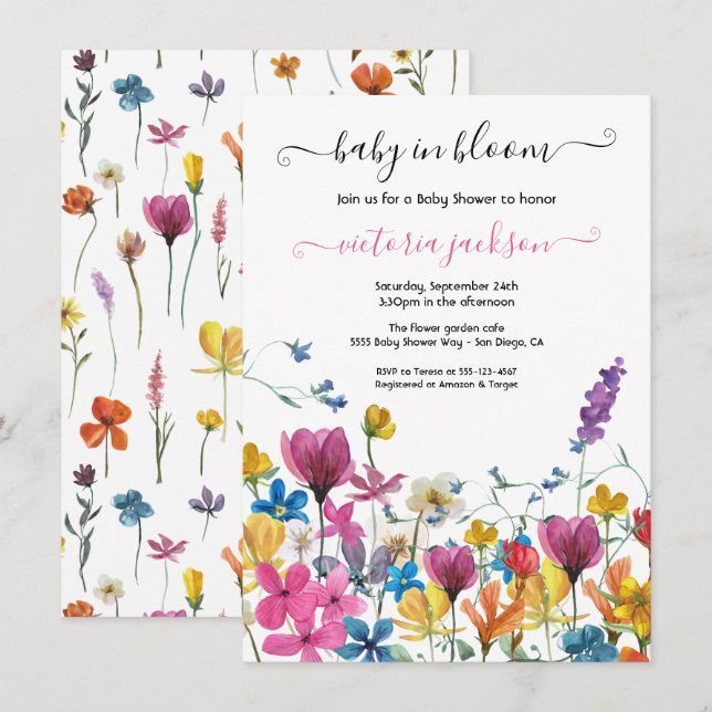 Invitation Fleur sauvage bébé dans le Baby shower en fleurs (Devant / Derrière)