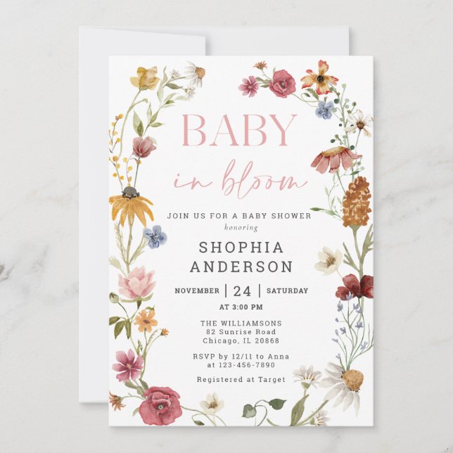 Invitation Fleur sauvage Bébé En Fleur Baby shower Fille (Devant)