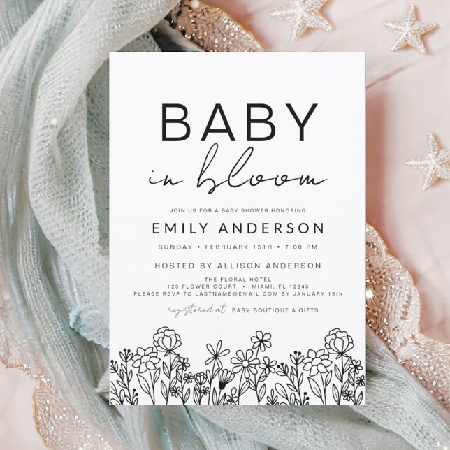 Invitation Fleur sauvage bébé en Fleur Baby shower noir blanc (Créateur téléchargé)