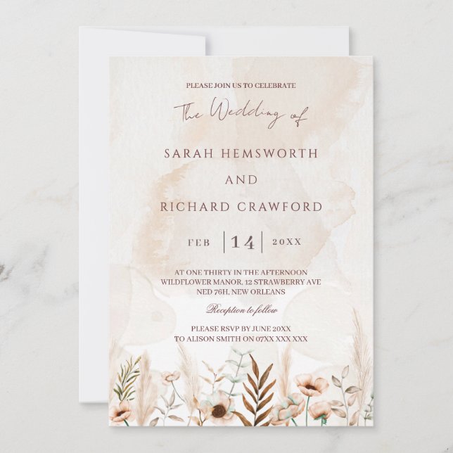 Invitation Fleur sauvage beige Floral Garden Boho Mariage (Devant)