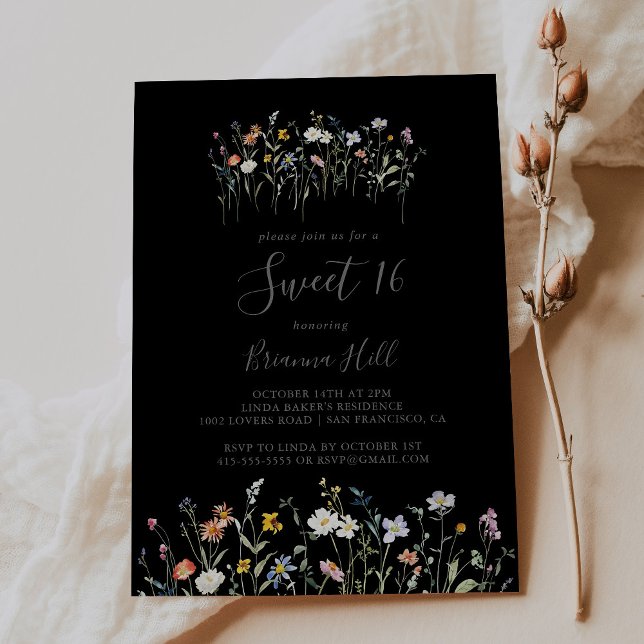 Invitation Fleur sauvage Black Sweet 16 Anniversaire Fête (Créateur téléchargé)