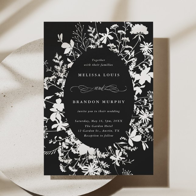 Invitation Fleur sauvage blanc Silhouette Mariage noir (Créateur téléchargé)