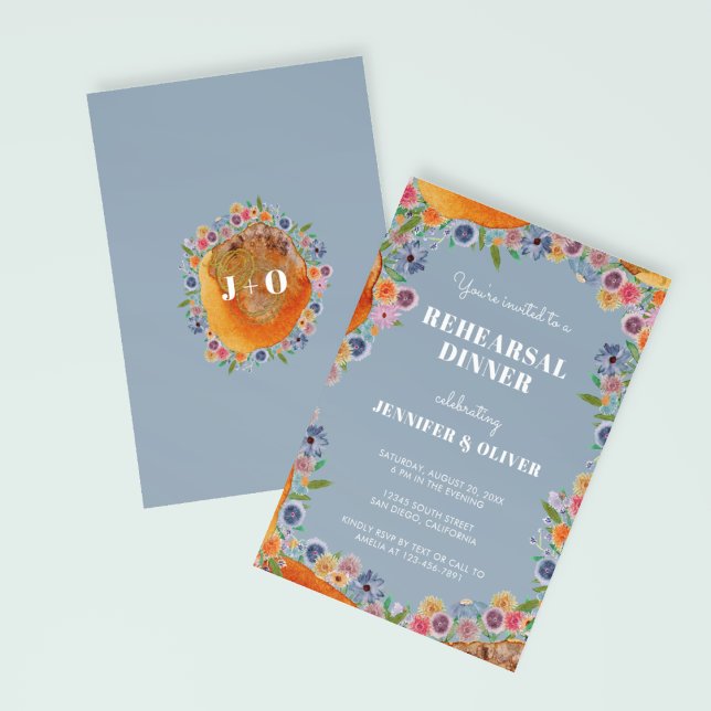 Invitation Fleur sauvage Bleu Jardin Boho Dîner de répétition (Front/Back)