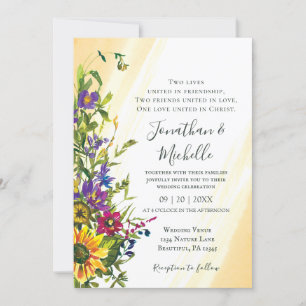Invitation Fleur sauvage bleu jaune rose Mariage chrétien