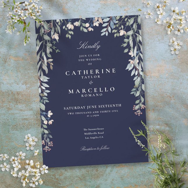 Invitation Fleur sauvage bleu marine Aquarelle Mariage floral (Navy Blue Wildflowers Watercolor Floral Wedding Invitation)