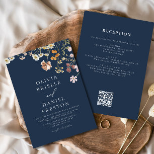 Invitation Fleur sauvage bleu marine tout en un Mariage de co