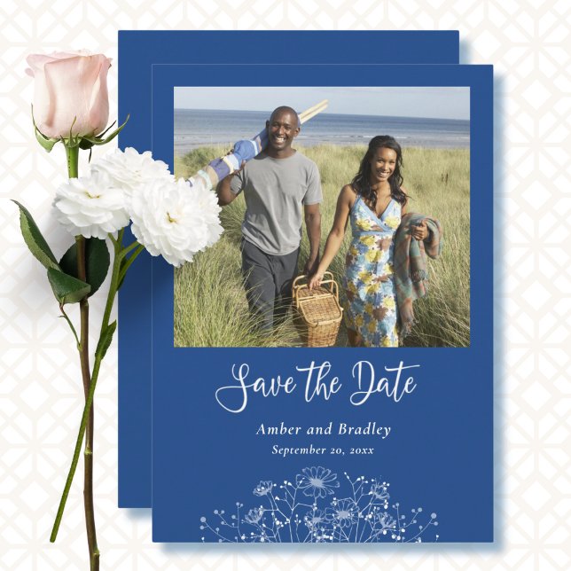 Invitation Fleur sauvage bleu simple photo QR Code Mariage (Créateur téléchargé)