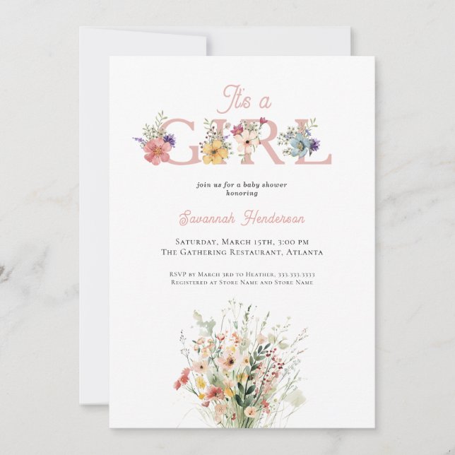 Invitation Fleur sauvage Blush Pink C'est un Baby shower fill (Devant)