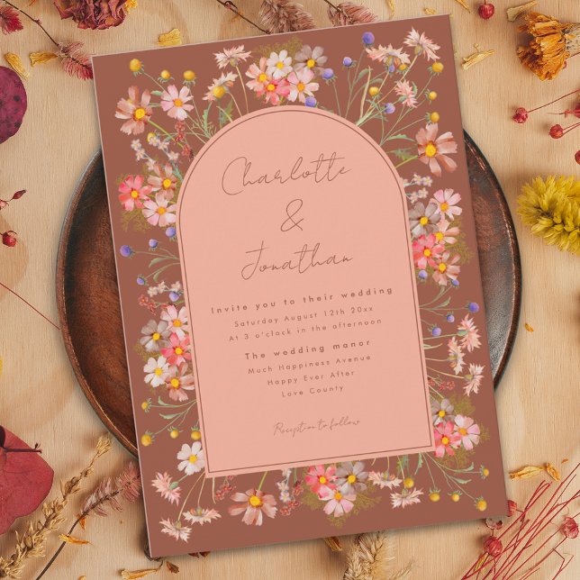 Invitation Fleur sauvage Boho Arch Burnt Orange Mariage de au (Wildflower arch burnt Orange terracotta boho fall wedding invitation with whimsical script )