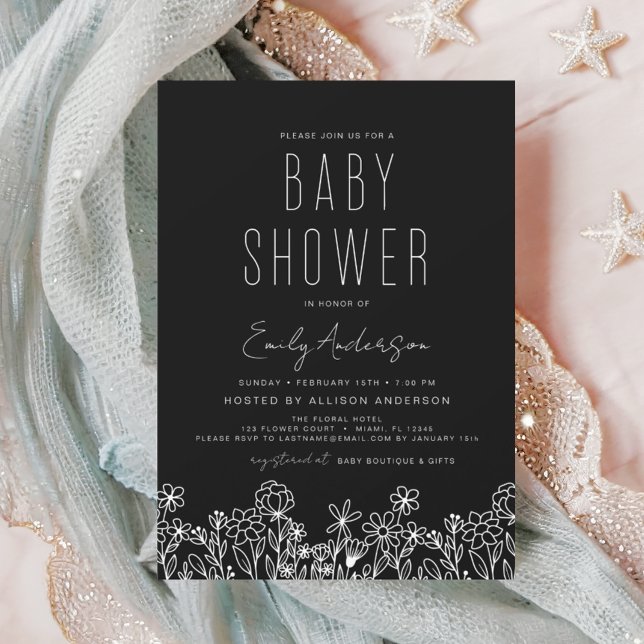 Invitation Fleur sauvage Boho Baby shower noir élégant (Créateur téléchargé)