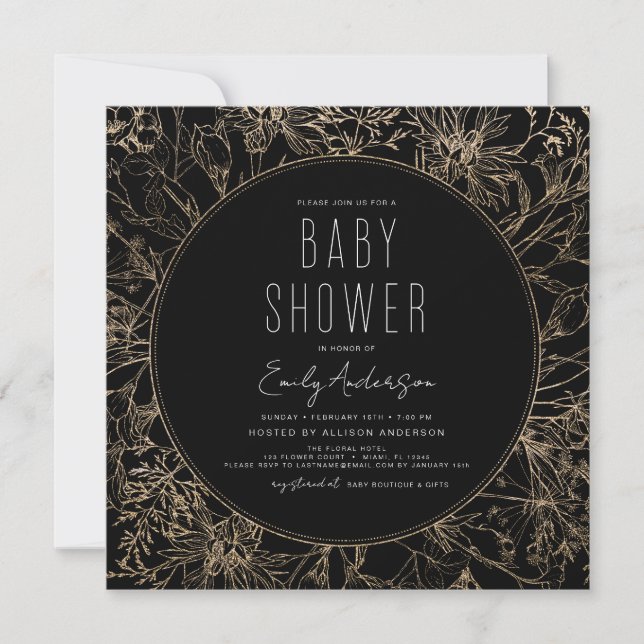 Invitation Fleur sauvage Boho Baby shower noir moderne (Devant)