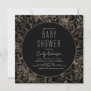 Invitation Fleur sauvage Boho Baby shower noir moderne