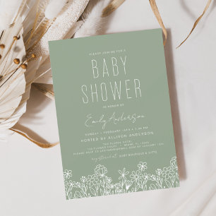 Invitation Fleur sauvage Boho Baby shower Sage Vert moderne