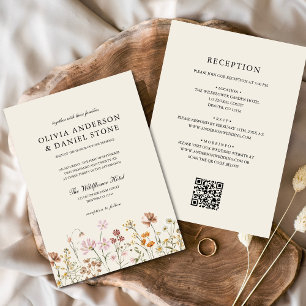 Invitation Fleur sauvage Boho Beige tout en un QR Code Mariag