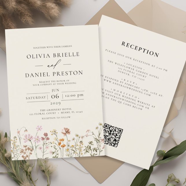 Invitation Fleur sauvage Boho Beige tout en un QR Code Mariag (Créateur téléchargé)