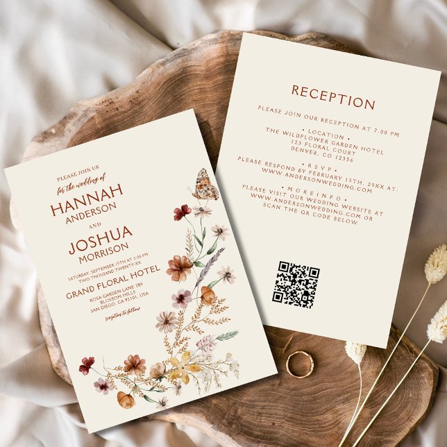 Invitation Fleur sauvage Boho Beige tout en un QR Code Mariag (Créateur téléchargé)