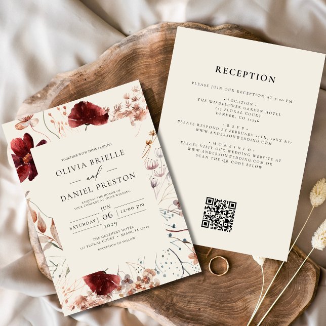 Invitation Fleur sauvage Boho Beige tout en un QR Code Mariag (Créateur téléchargé)