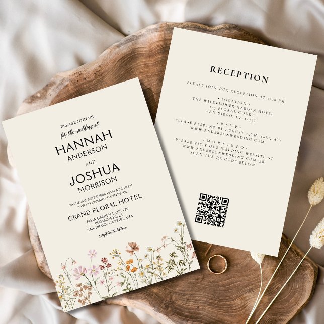 Invitation Fleur sauvage Boho Beige tout en un QR Code Mariag (Créateur téléchargé)