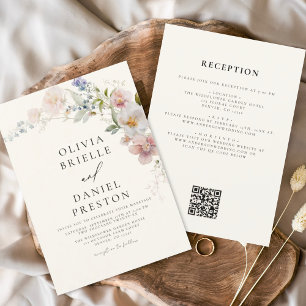Invitation Fleur sauvage Boho Beige tout en un QR Code Mariag
