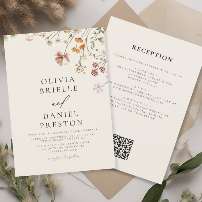 Invitation Fleur sauvage Boho Beige tout en un QR Code Mariag (Créateur téléchargé)
