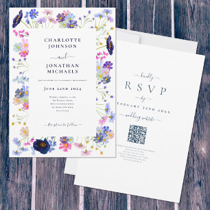 Invitation Fleur sauvage Boho Blue QR Code Mariage